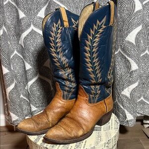 Hondo Crazy Horse Distressed Embroidered Navy/ Brown Leather Western Boots SZ9